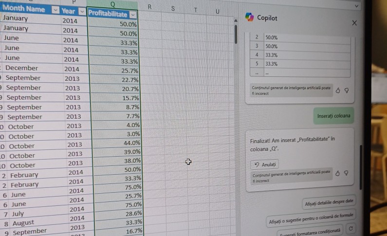 Copilot în Excel